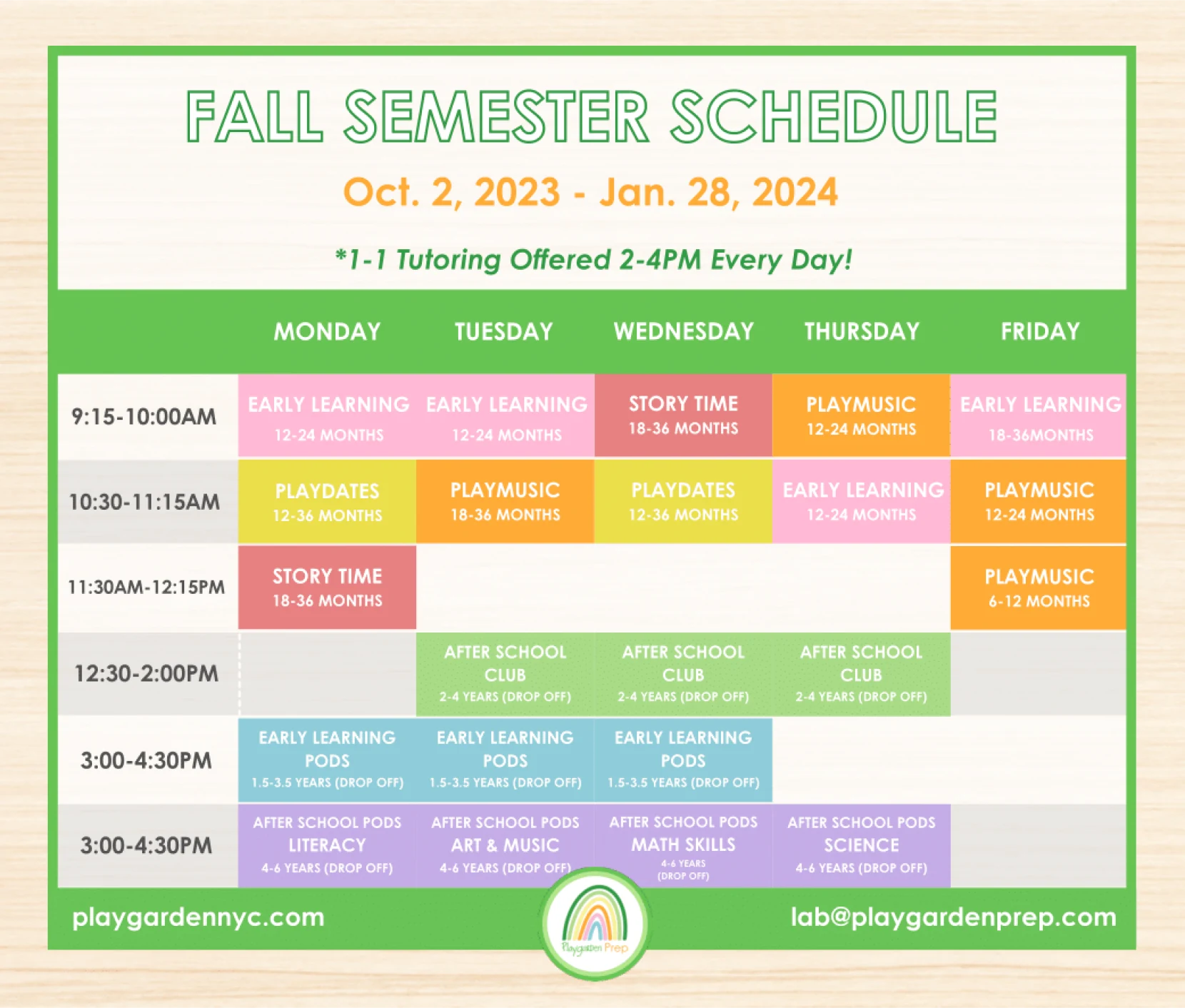 our Fall Schedule! - Playgarden NYC